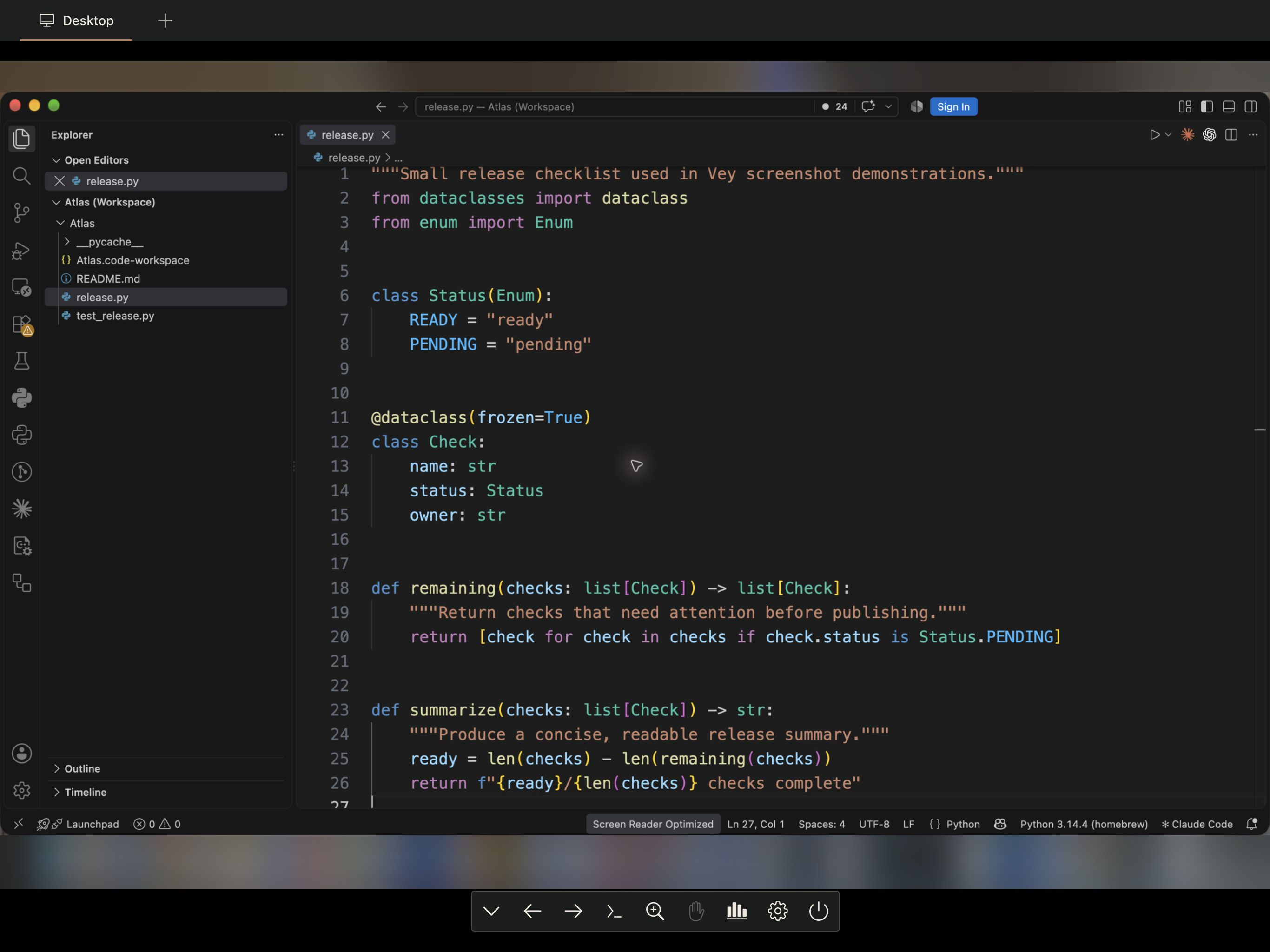 Real iPad session · The streamed desktop and toolbar. The host menu bar and Dock have privacy blur.
