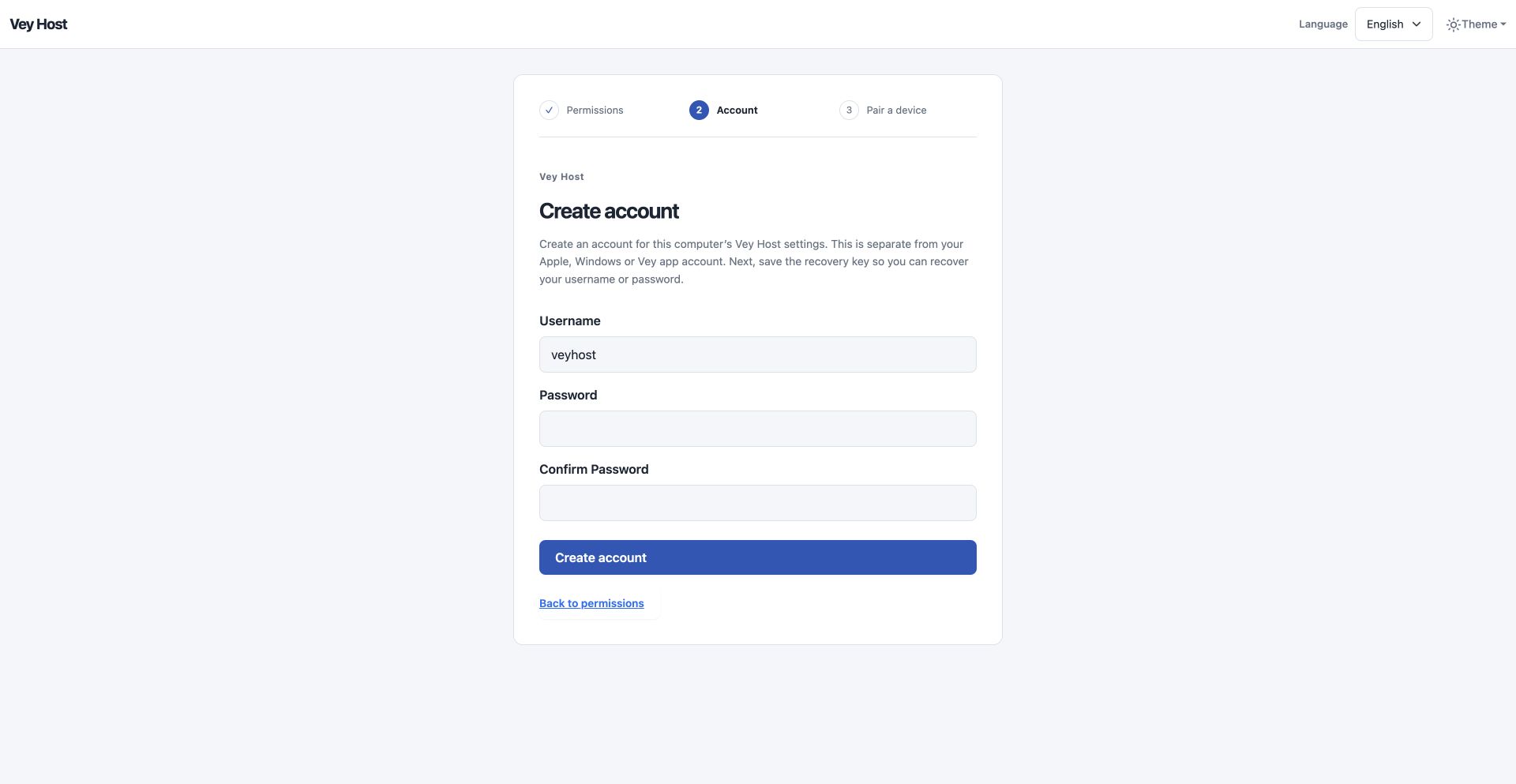 On the PC · Create a login for this Host. The example has empty password fields.
