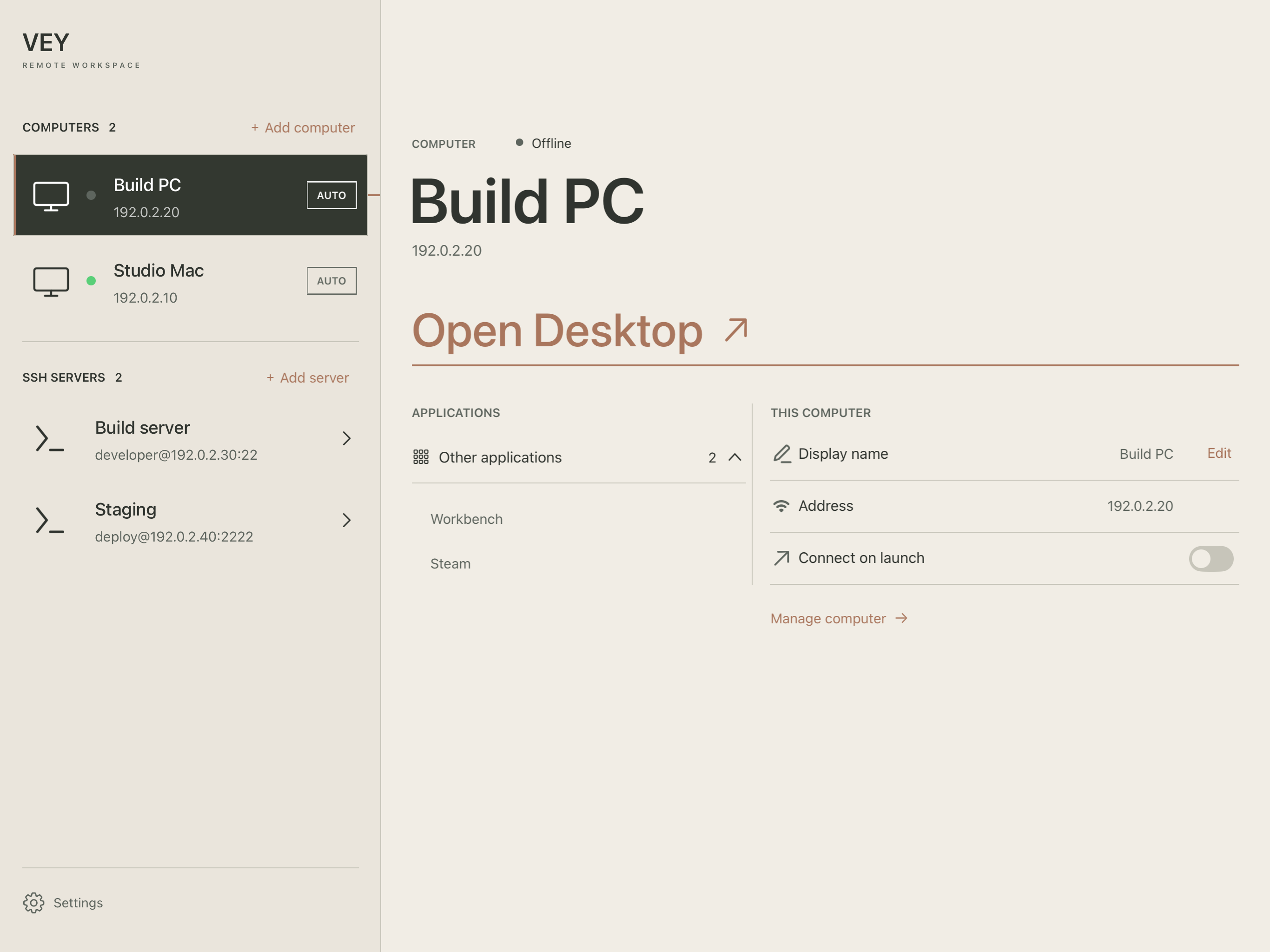 In Vey · Choose an available PC from the list, then Open Desktop.